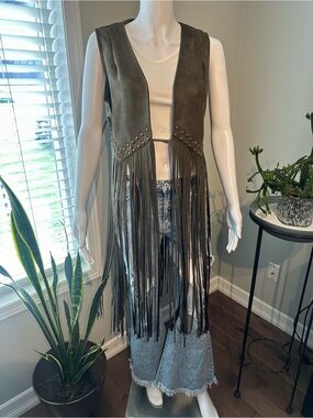 Fringed Boho Suede Vest in Olive Green